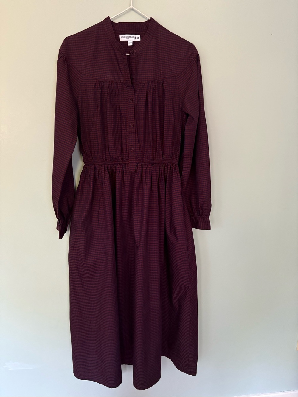 Uniqlo Weekday Deep Burgundy Check Long Sleeve Midi Dress